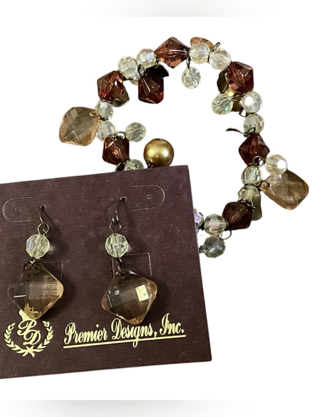 Premier Designs Bracelet Earrings Set Burgundy Champagne Bead Stretch Bracelet